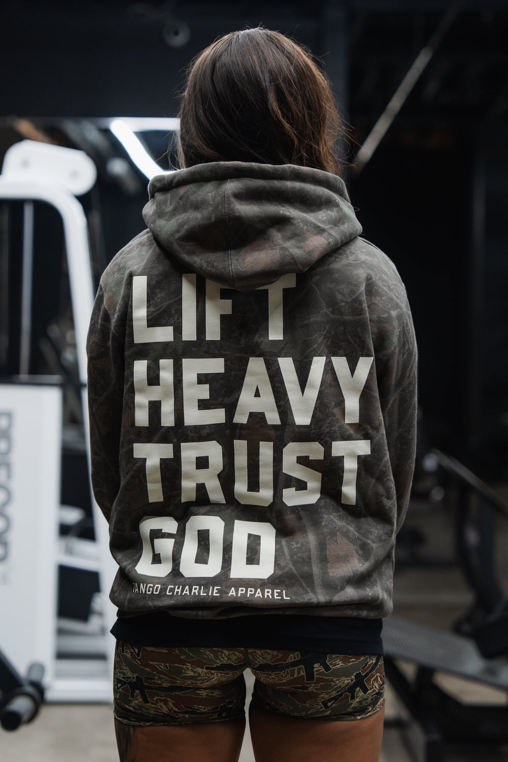 Lift Heavy. Trust God. - Premium Darkwood Camo Hoodie