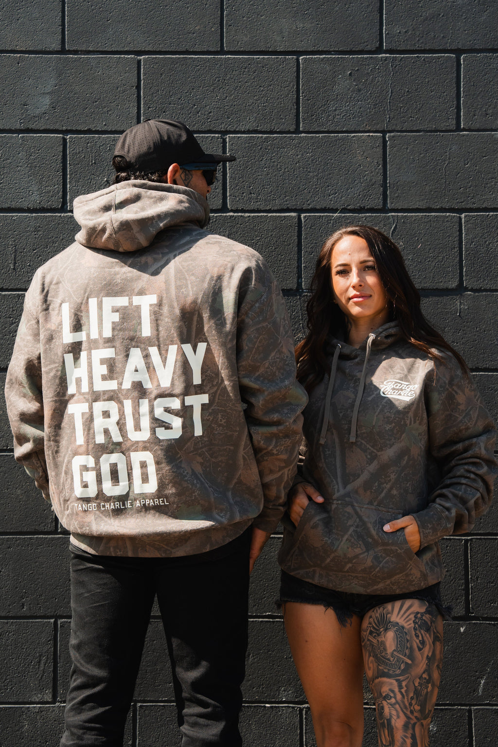 Lift Heavy. Trust God. - Premium Darkwood Camo Hoodie