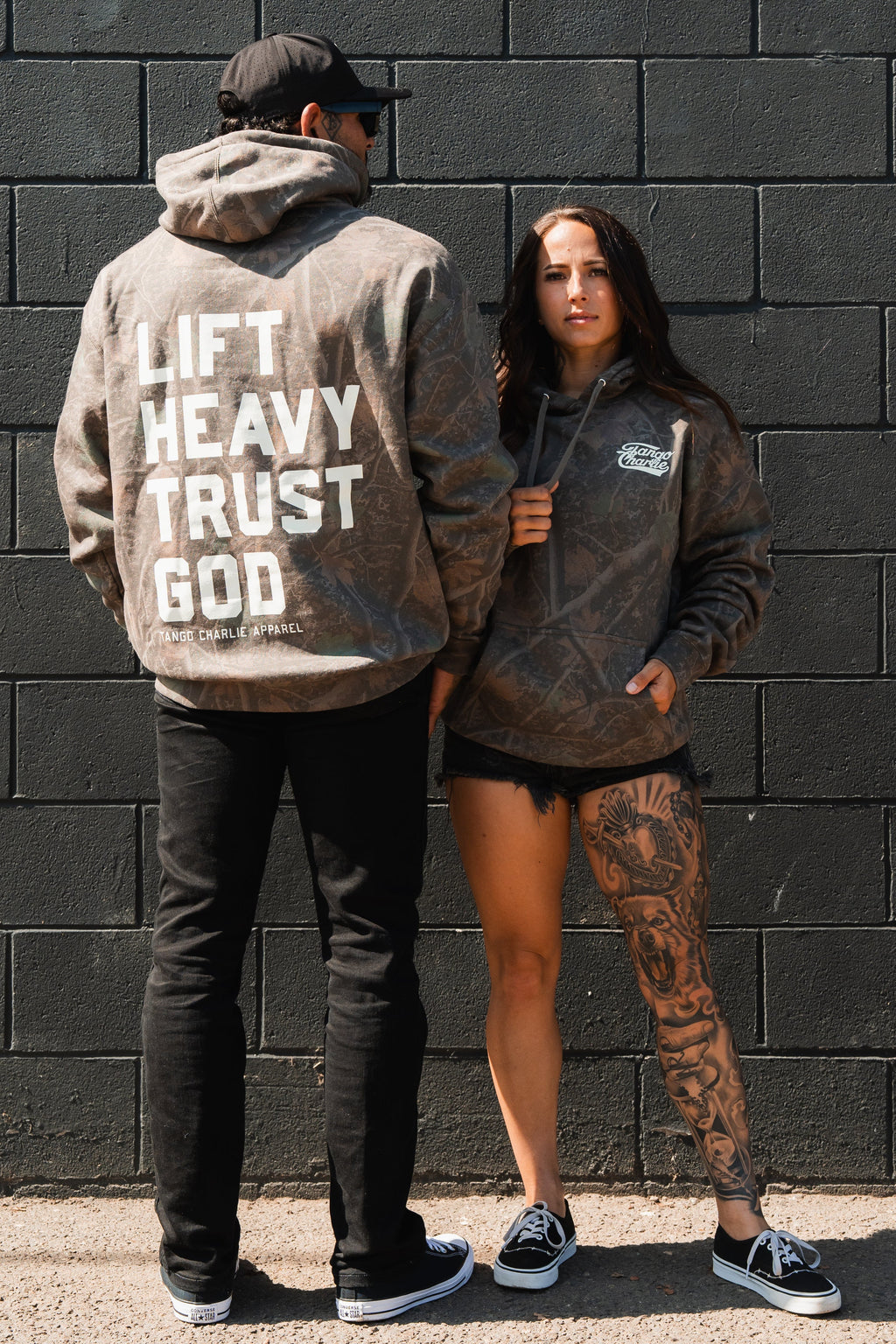 Lift Heavy. Trust God. - Premium Darkwood Camo Hoodie